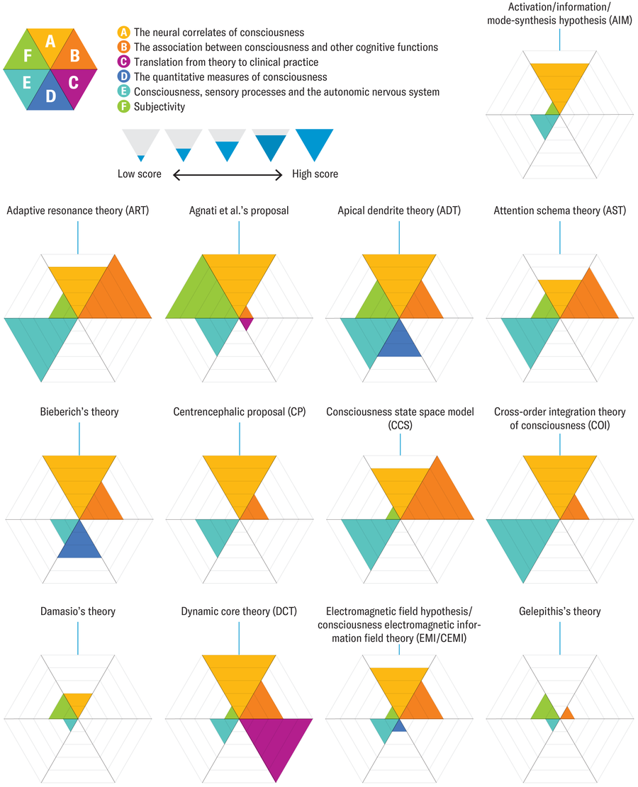 Each of 29 consciousness theories are represented by a hexagon, with index scores rooted in 6 variables represented: The neural correlates of consciousness; the association between consciousness and other cognitive functions; translation from theory to clinical practice; the quantitative measures of consciousness; consciousness, sensory processes and the autonomic nervous system; and subjectivity. This panel holds the first 13.