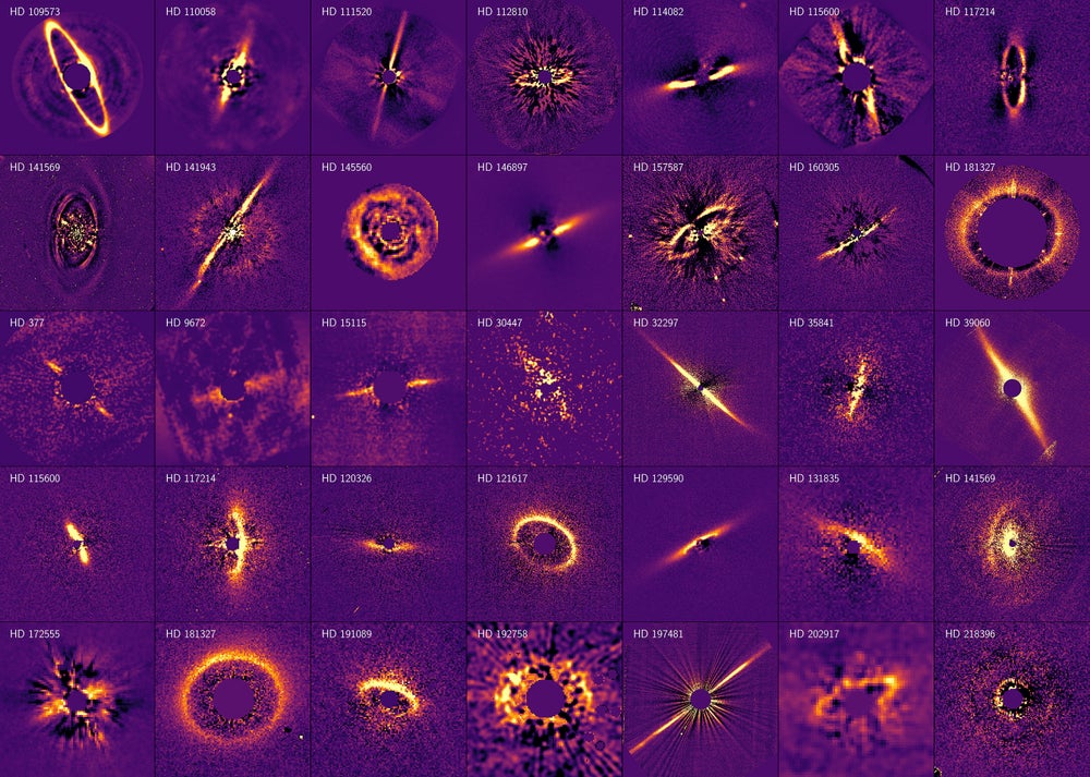 Una cuadrícula de pequeñas imágenes en miniatura que muestran discos de escombros que forman sistemas estelares.
