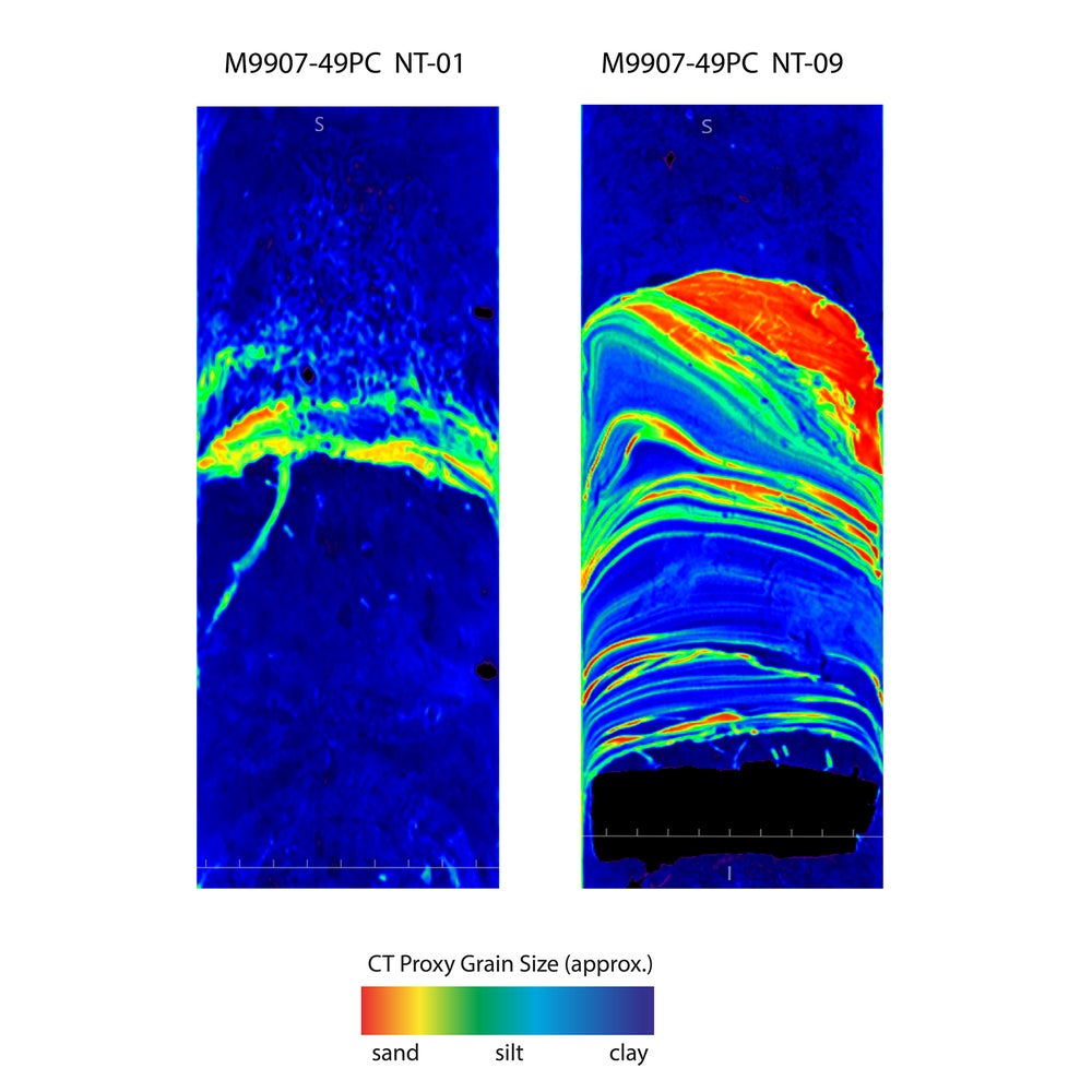 Dos imágenes de tomografía computarizada de turbiditas en núcleos de sedimentos de aguas profundas, una al lado de la otra, que muestran bandas de colores del arco iris. A la izquierda hay un conjunto de líneas más delgadas que muestran el terremoto de San Francisco de 1906. A la derecha hay un conjunto más grueso que muestra múltiples terremotos.