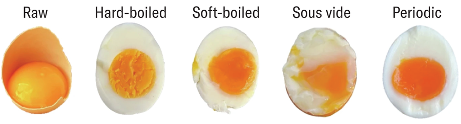 Labeled photo shows a row of eggs in five different states: raw, hard-boiled, soft-boiled, sous vide, and periodic.