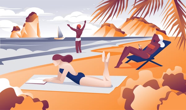 Garota no Blanket Read Book, Woman Bushing On Beach Chair Drink Cocktail, Man in Sea Ilustration