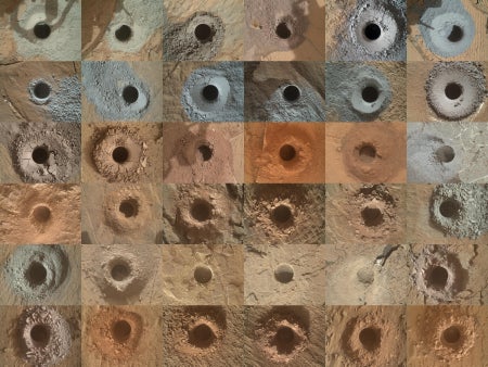 NASA的好奇火星漫游收集了36个粉状岩石样本 并用演练结束机器人臂网格显示迄今所有36洞