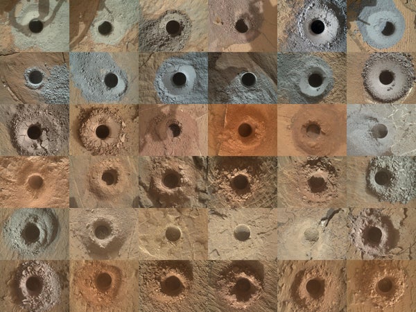 NASA's Curiosity Mars rover has collected 36 powderized rock samples with the drill on the end of its robotic arm. This grid shows all 36 holes to date