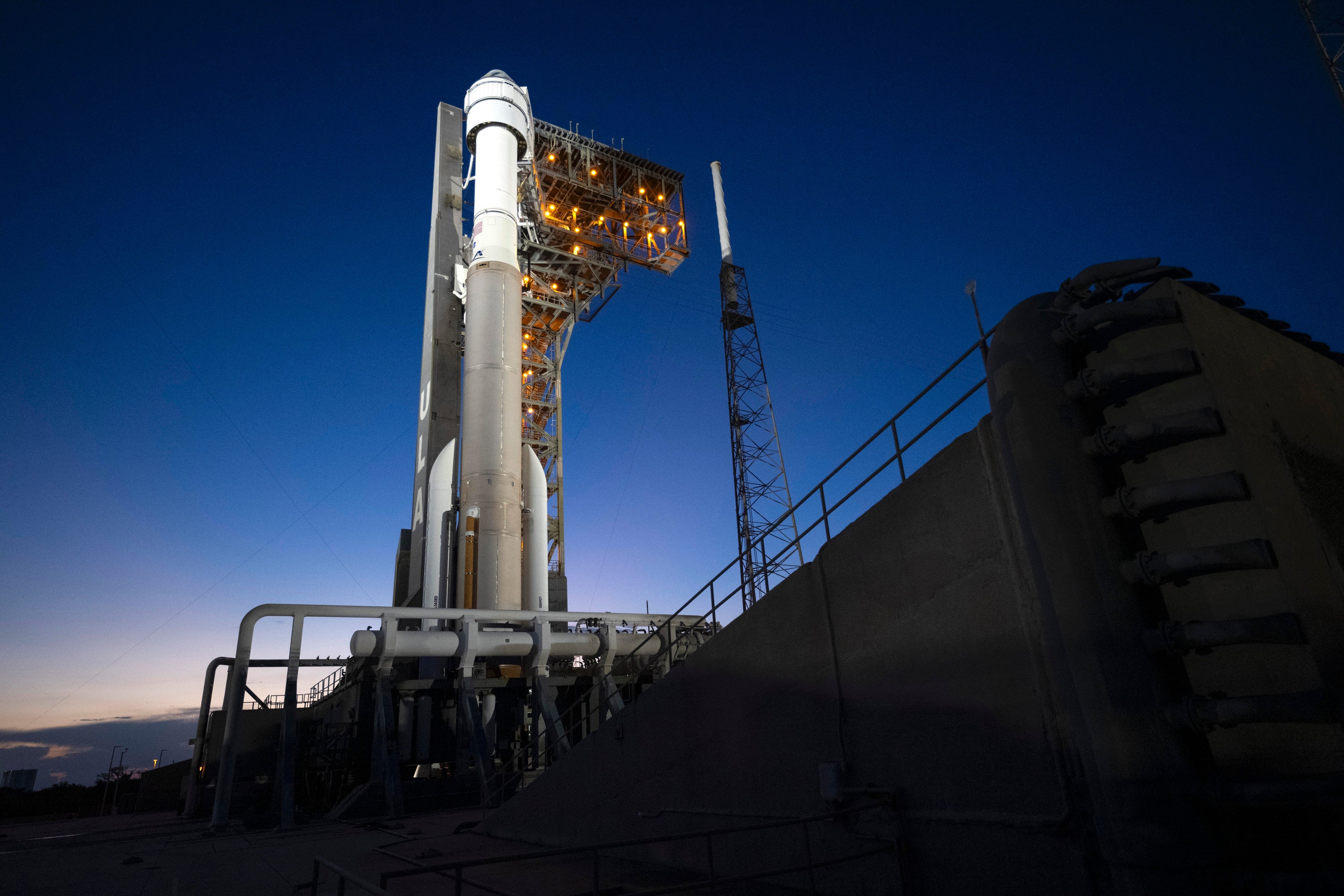 Atlas V rocket with Boeing's CST-100 Starliner spacecraft aboard is seen illuminated by spotlights on the launch pad at Space Launch Complex 41 ahead of the NASA's Boeing Crew Flight Test on May 4, 2024 at Cape Canaveral Space Force Station in Florida.