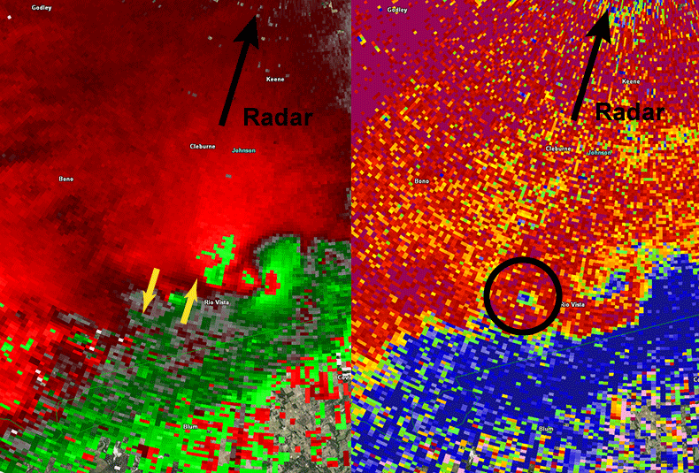 Two side-by-side doppler radar images demonstrating the use of dual-polarization to detect a tornado producing damage