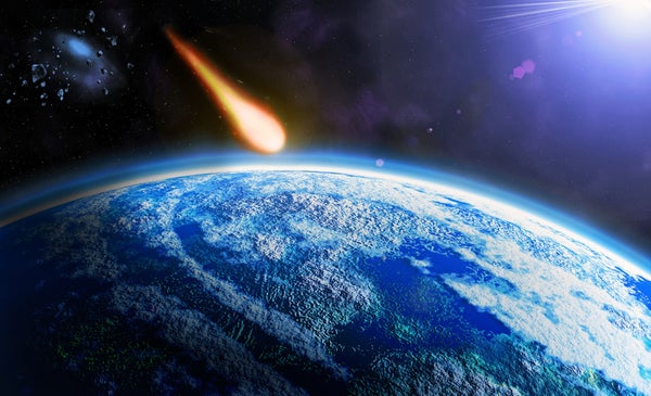 A bright orange streak of a meteor heads toward the blue and white Earth, with the sun's light shining on the scene from the top right corner