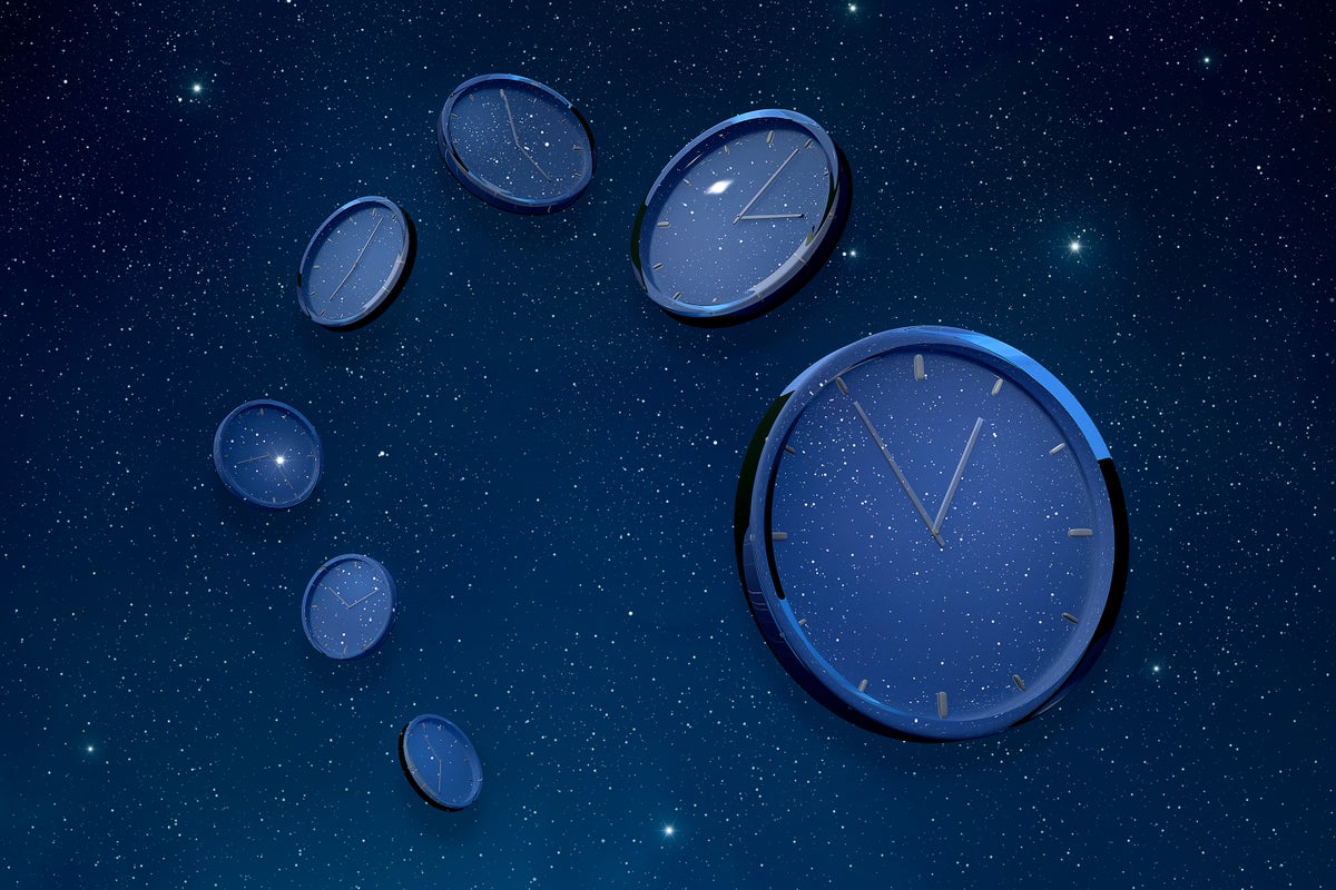 Conceptual illustration, seven transparent clocks of different times floating in the space