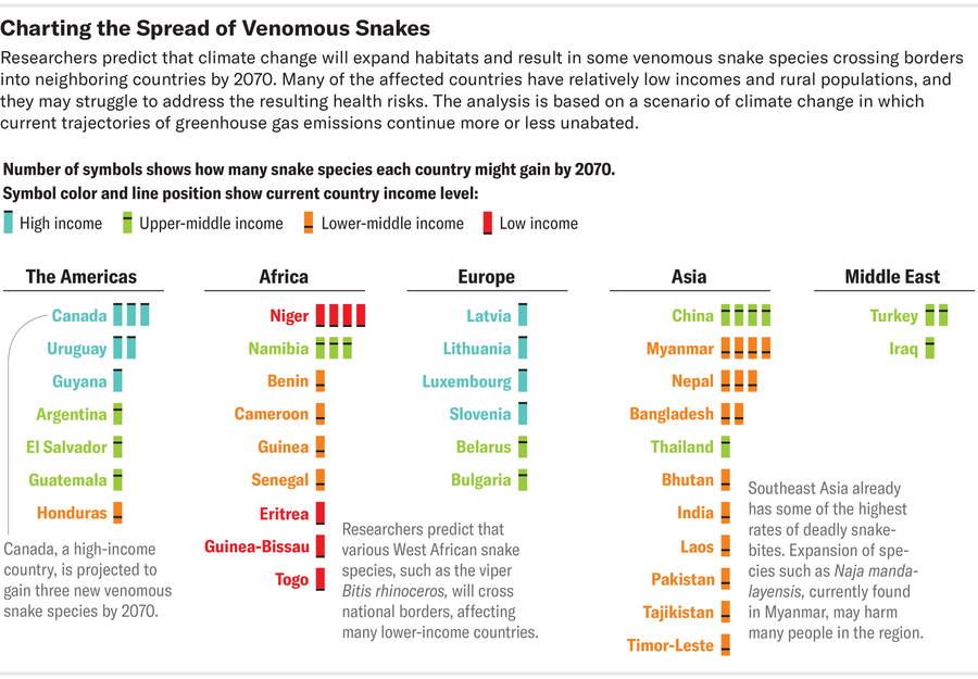 Graphic lists countries that are projected to gain new venomous snake species by 2070 and shows symbols indicating number of species, color coded by current country income level.