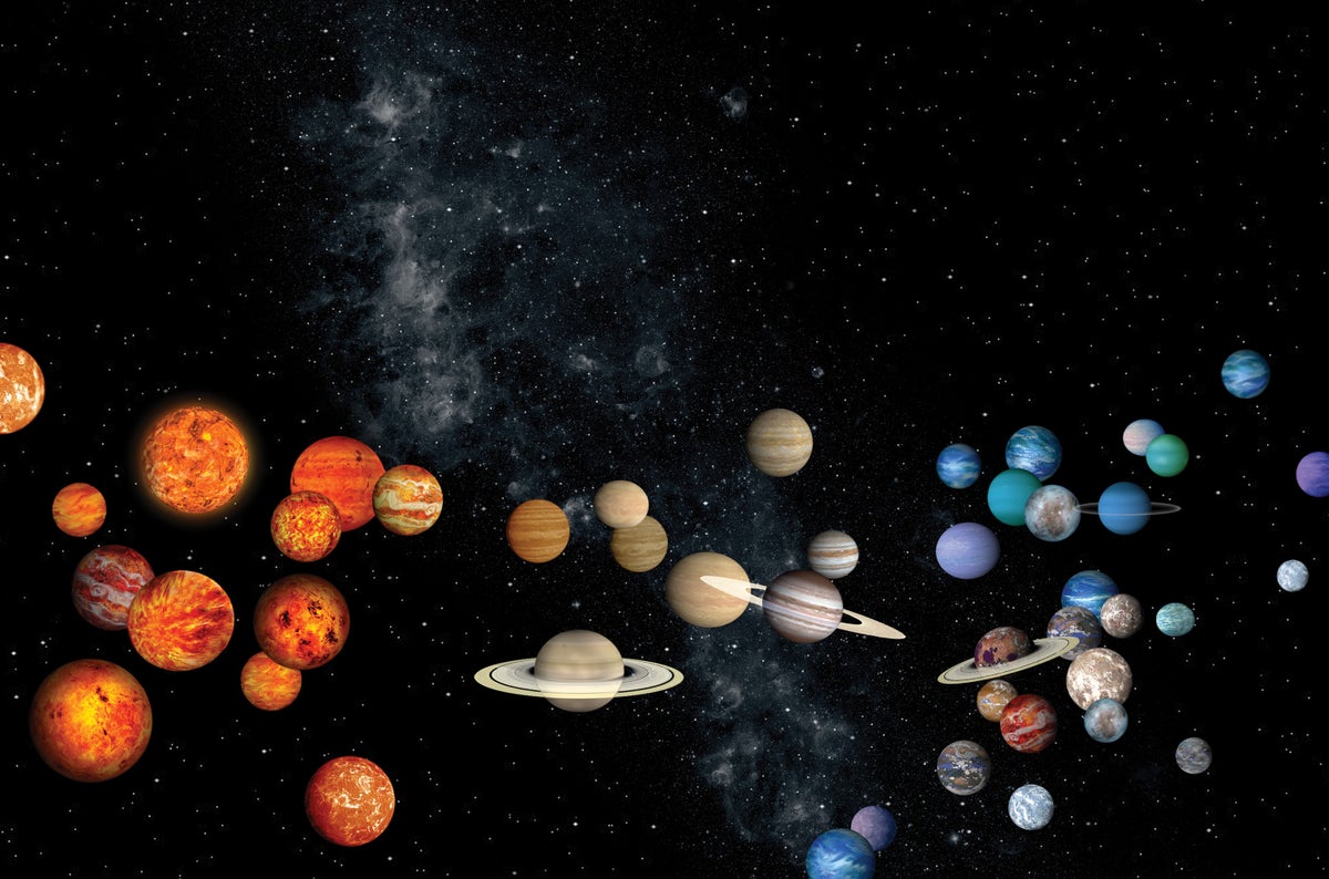 Dark universe filled with multiple orange blue tan planets