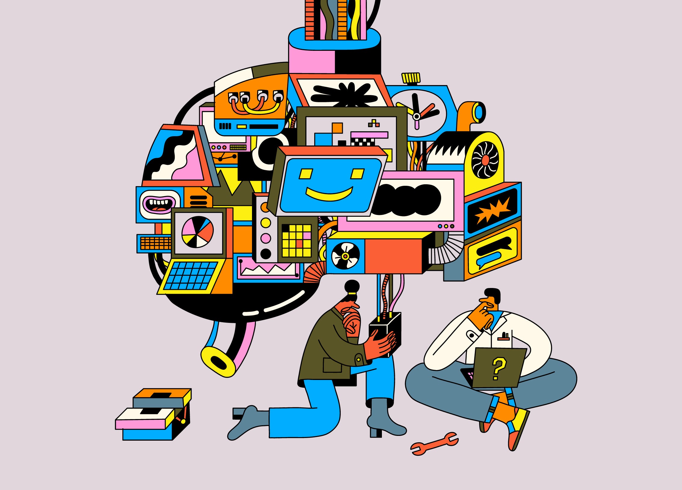 Cartoon of a large brain-shaped machine made of many computer parts being examined by two puzzled researchers