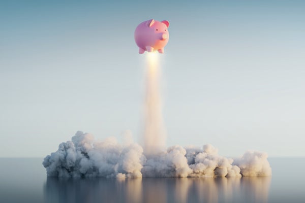 Illustration of a piggy bank lifting off like a rocket