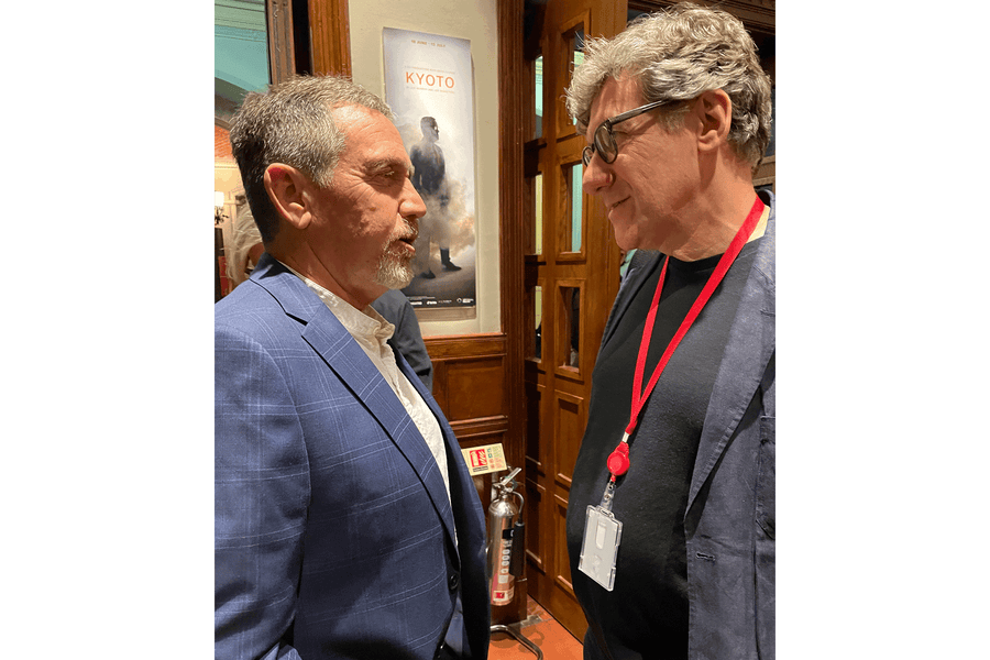 Ben Santer (left) in conversation with Dale Rapley (right), the actor playing Ben Santer in the play titled Kyoto