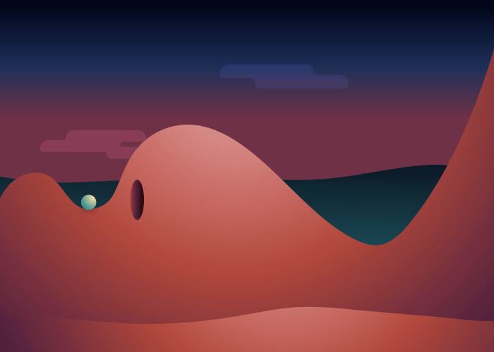 Two valleys are separated by a hill. A sphere in the higher valley travels through a tunnel in the hill, then rolls down to settle in the bottom of the deeper valley.