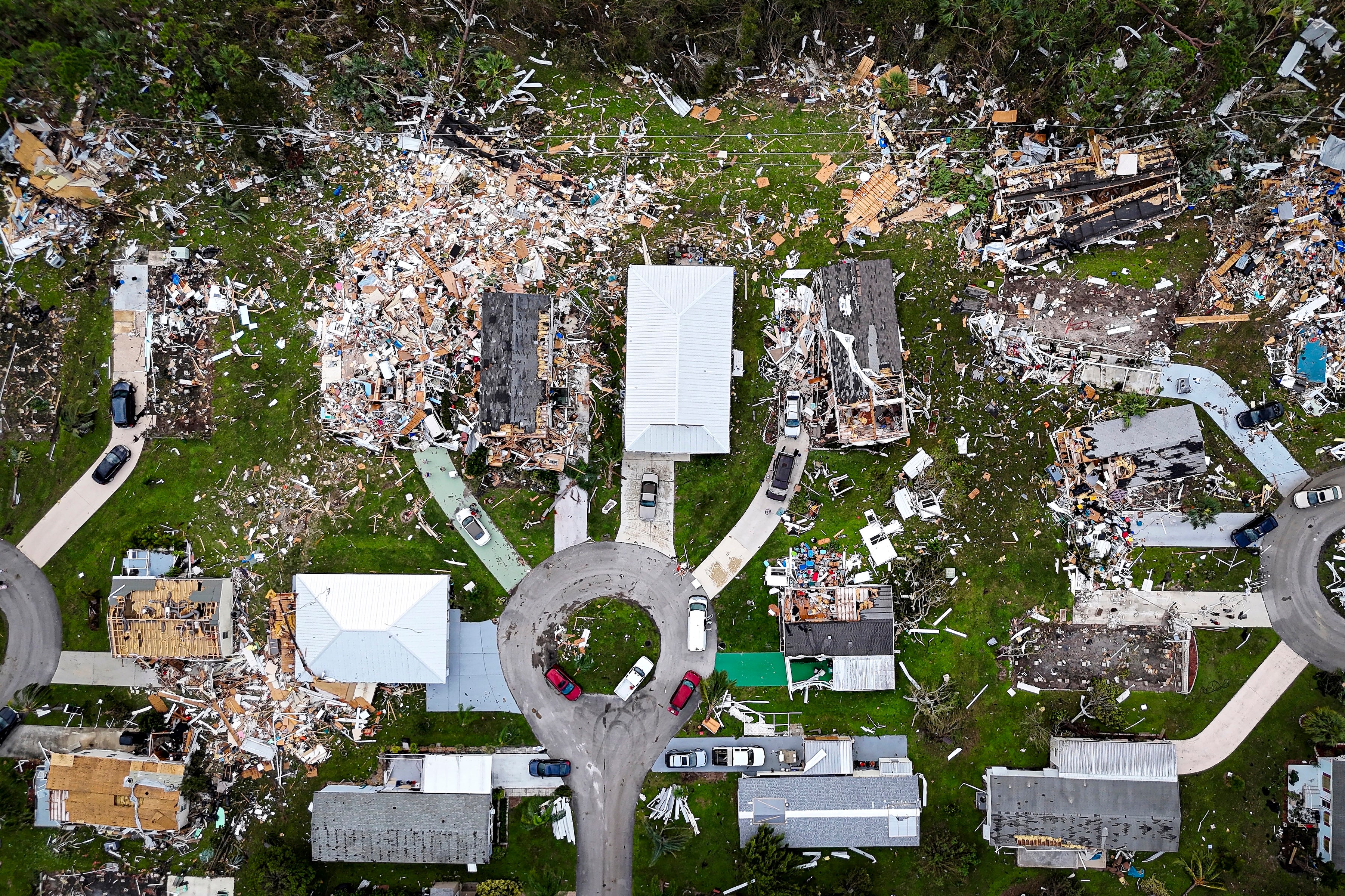 Aerial view of destroyed houses in Port St Lucie, Florida, after a tornado hit the area and caused severe damage as Hurricane Milton swept through Florida on October 11, 2024.