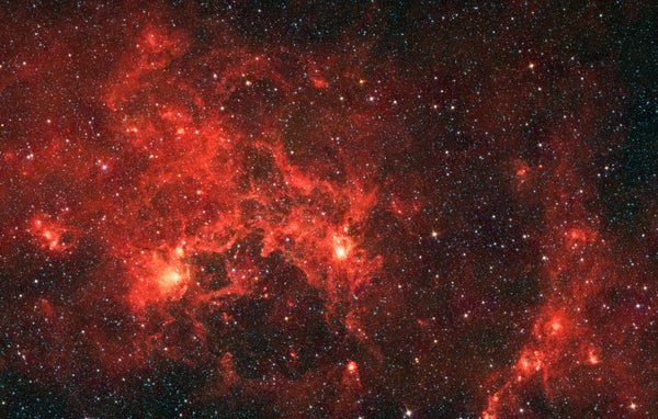 Infrared image from NASA's Spitzer Space Telescope shows the nebula nicknamed "the Dragonfish." The massive stars have blown a bubble in the gas and dust, carving out a shell of more than 100 light-years across (seen in lower, central part of image). This shell forms the "toothy mouth" of the Dragonfish, and the two bright spots make it up its beady eyes