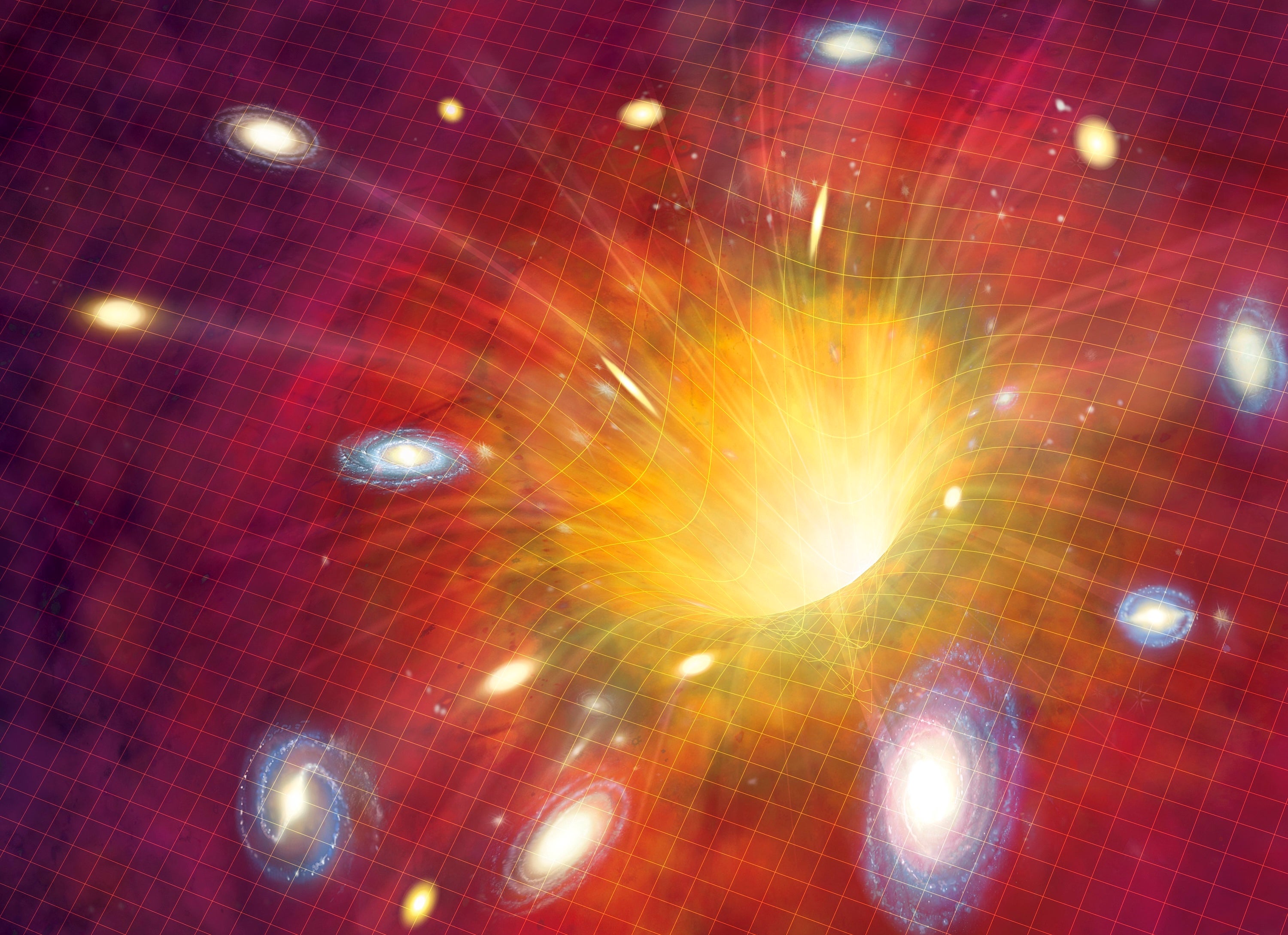 An illustration of galaxies bursting from a glowing portal in warped spacetime.