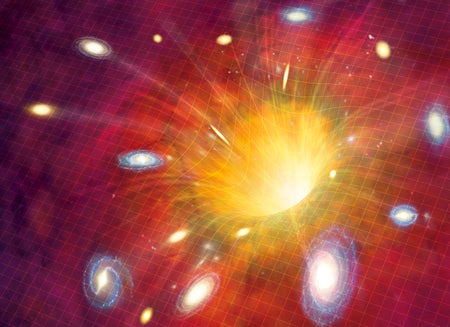An illustration of galaxies bursting from a glowing portal in warped spacetime.