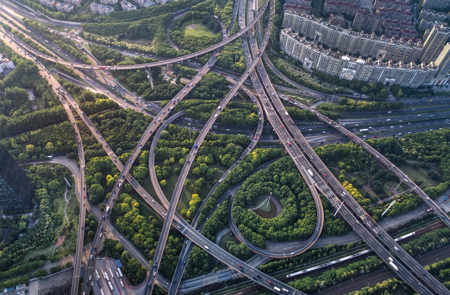 Aerial view of multi-lane, curved highways in China