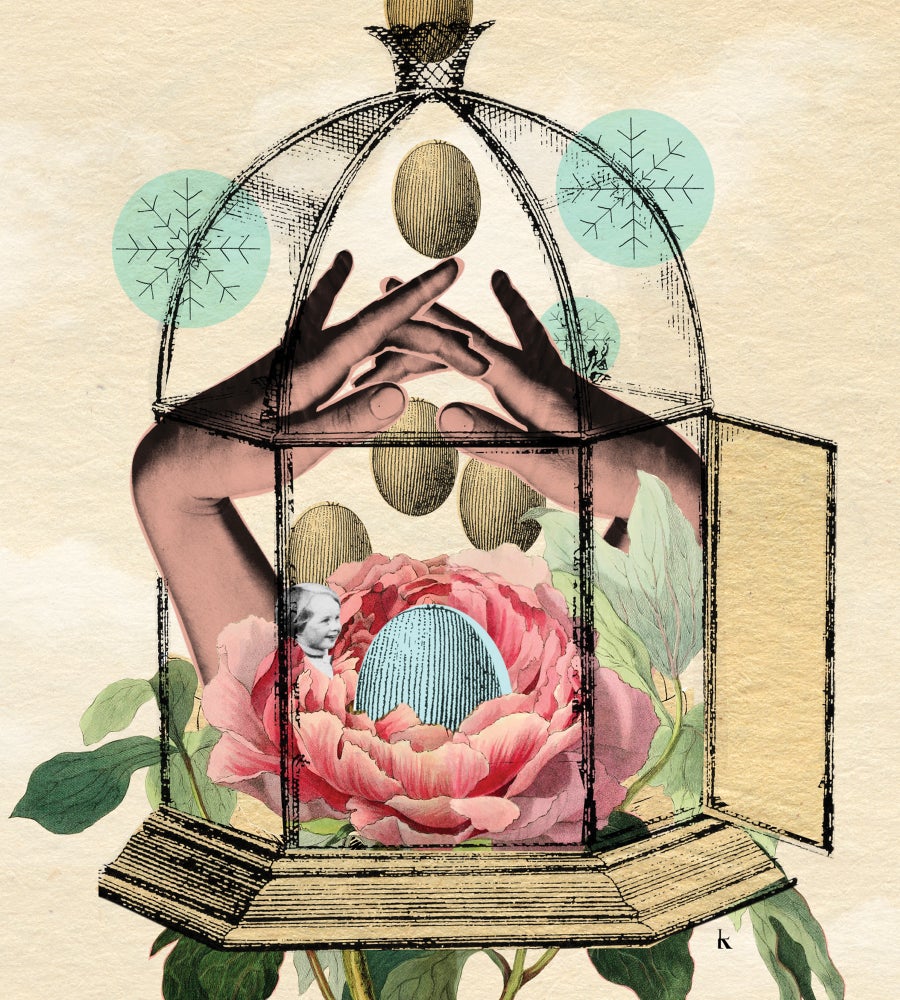 Illustration of hands and eggs in a pretty bird cage
