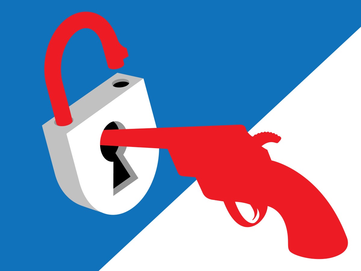 A red, white and blue illustration of a gun with a padlock at the tip