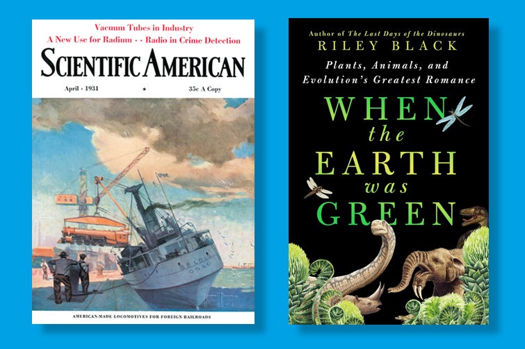 Cover of an issue of Scientific American and cover of the book When the Earth was Green