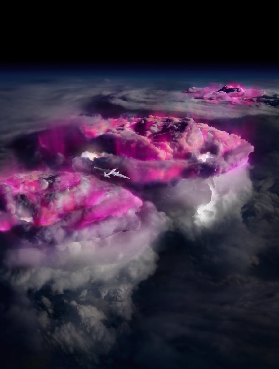 Artist’s impression of the ALOFT mission to record gamma rays (colored purple for illustration) from thunderclouds