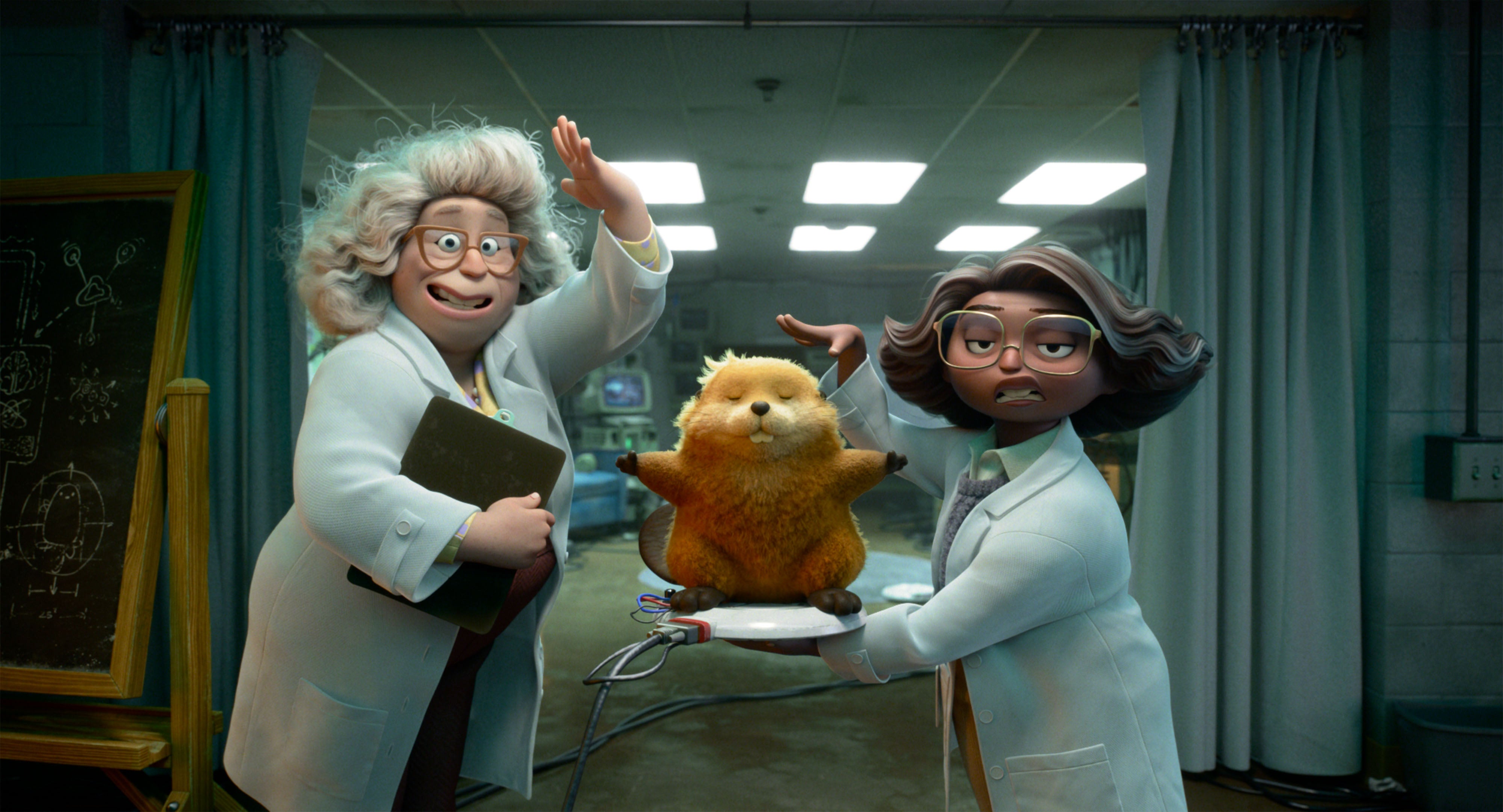 Still image from animated movie Hoppers, showing two scientists displaying the Hopper robot