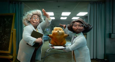 Still image from animated movie Hoppers, showing two scientists displaying the Hopper robot