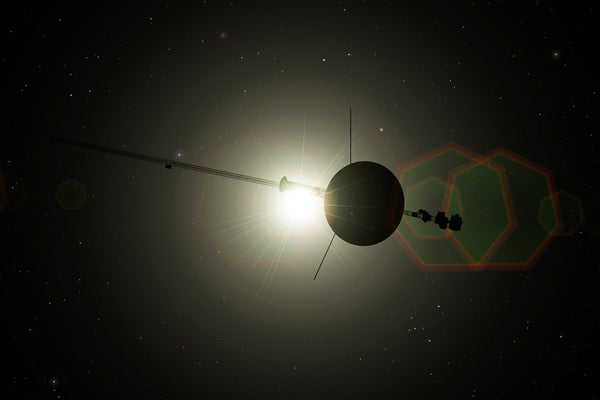Voyager spacecraft leaving Solar System. The spacecraft is in silhouette with the light from the distant sun shining through