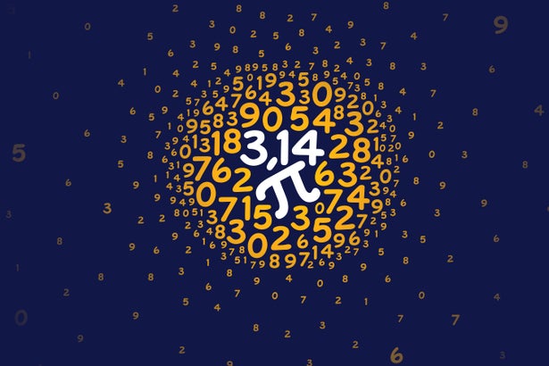 Round pi number and symbol on dark blue background. pi number, pi symbol and gradient scattered numbers.