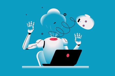 Illustration of robot exploding while working at computer, concept art for artificial intelligence blunder