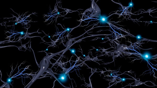 Brain cells with electrical firing of neurons oin blue on black backdrop.