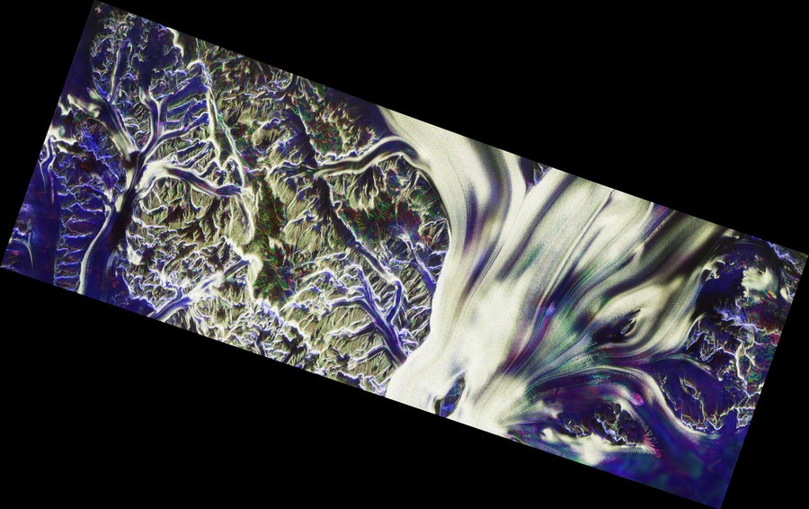 SA Biomass satellite image of a portion of the Antarctic Transantarctic Mountains with the Nimrod Glacier flowing into Ross Ice Shelf. 