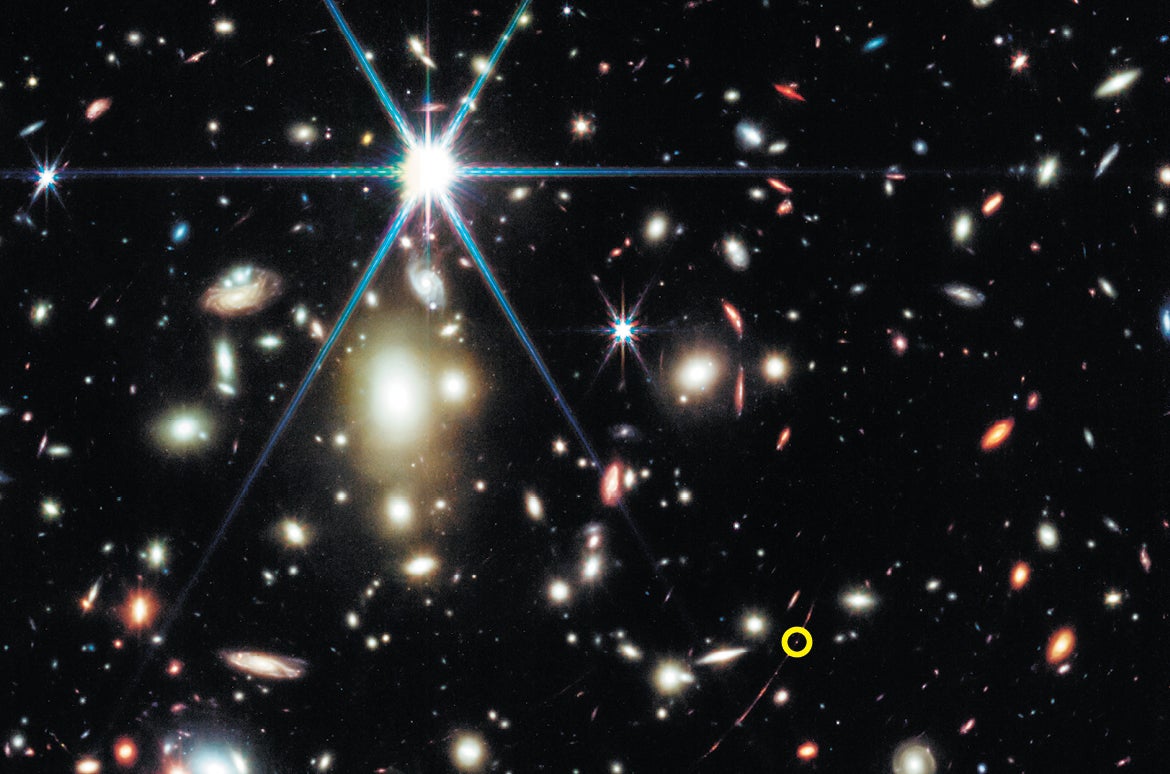 Image from JWST of a massive galaxy cluster called WHL0137-08
