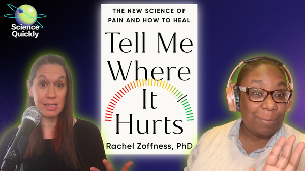An illustration of two woman on a purple background with the book cover of Tell Me Where It Hurts.
