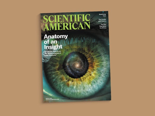 Sampul edisi Maret 2025 Scientific American Against A Brown Background