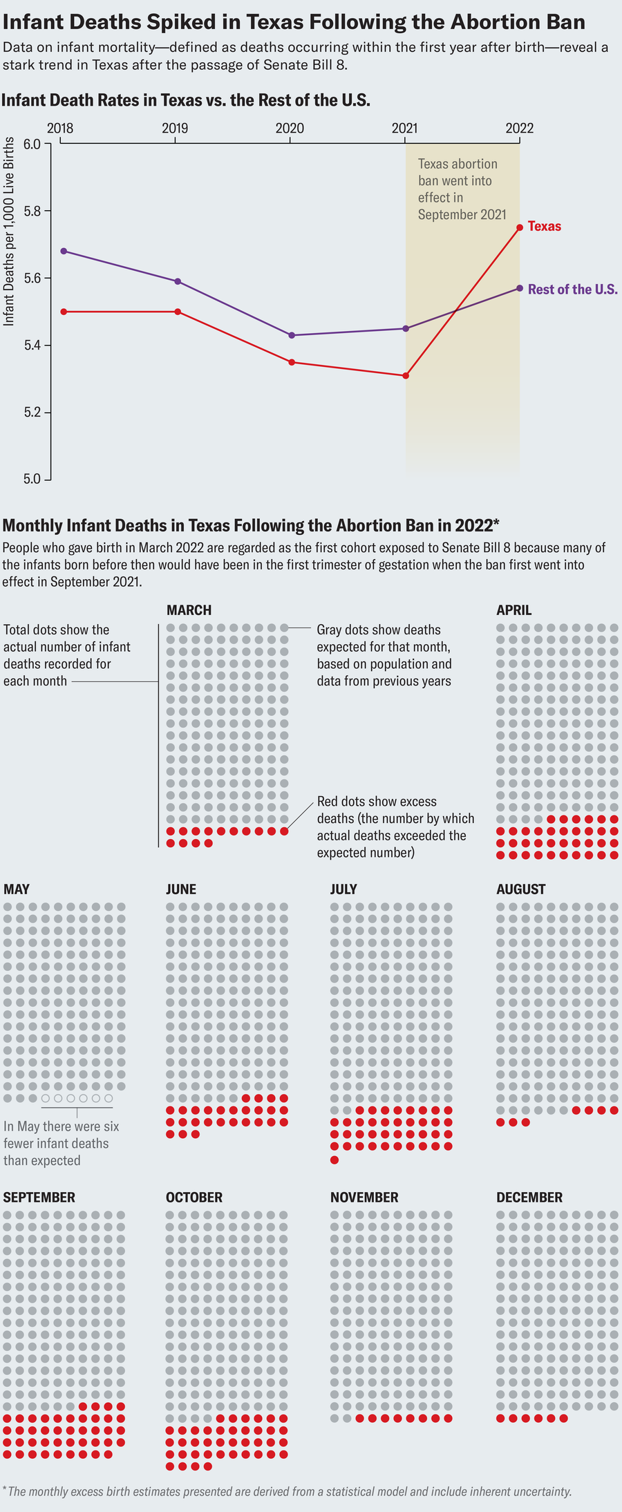 Line chart shows annual rate of infant deaths from 2018 to 2022 in Texas and the rest of the U.S. Arrays of dots show actual and expected monthly infant deaths in Texas from March to December 2022.