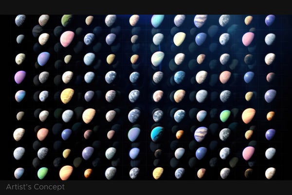 An artist's concept showing a grid of dozens of diverse exoplanets against a dark background. The planets vary in color, size, and texture, illustrating the vast variety of worlds discovered beyond our solar system