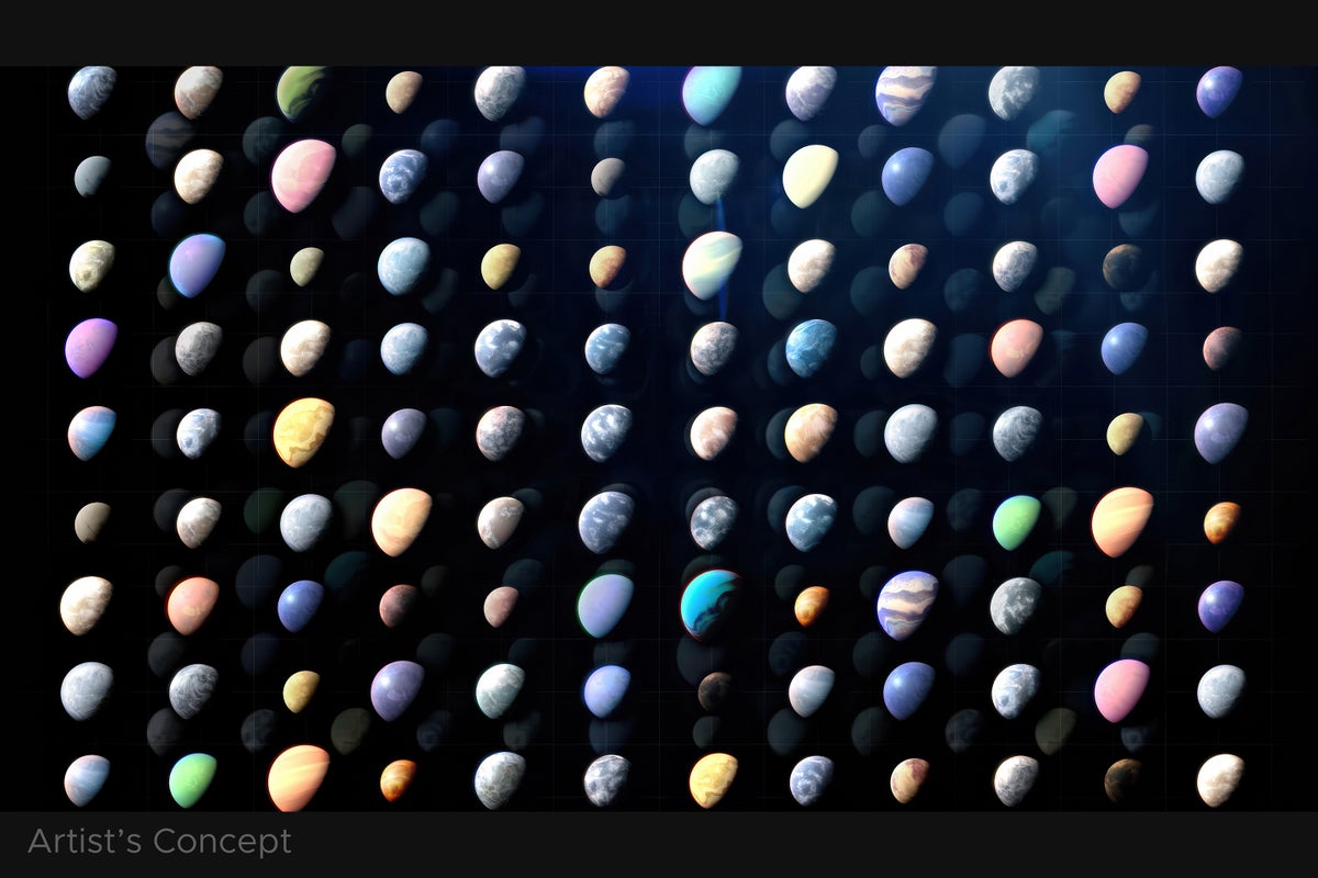 An artist's concept showing a grid of dozens of diverse exoplanets against a dark background. The planets vary in color, size, and texture, illustrating the vast variety of worlds discovered beyond our solar system