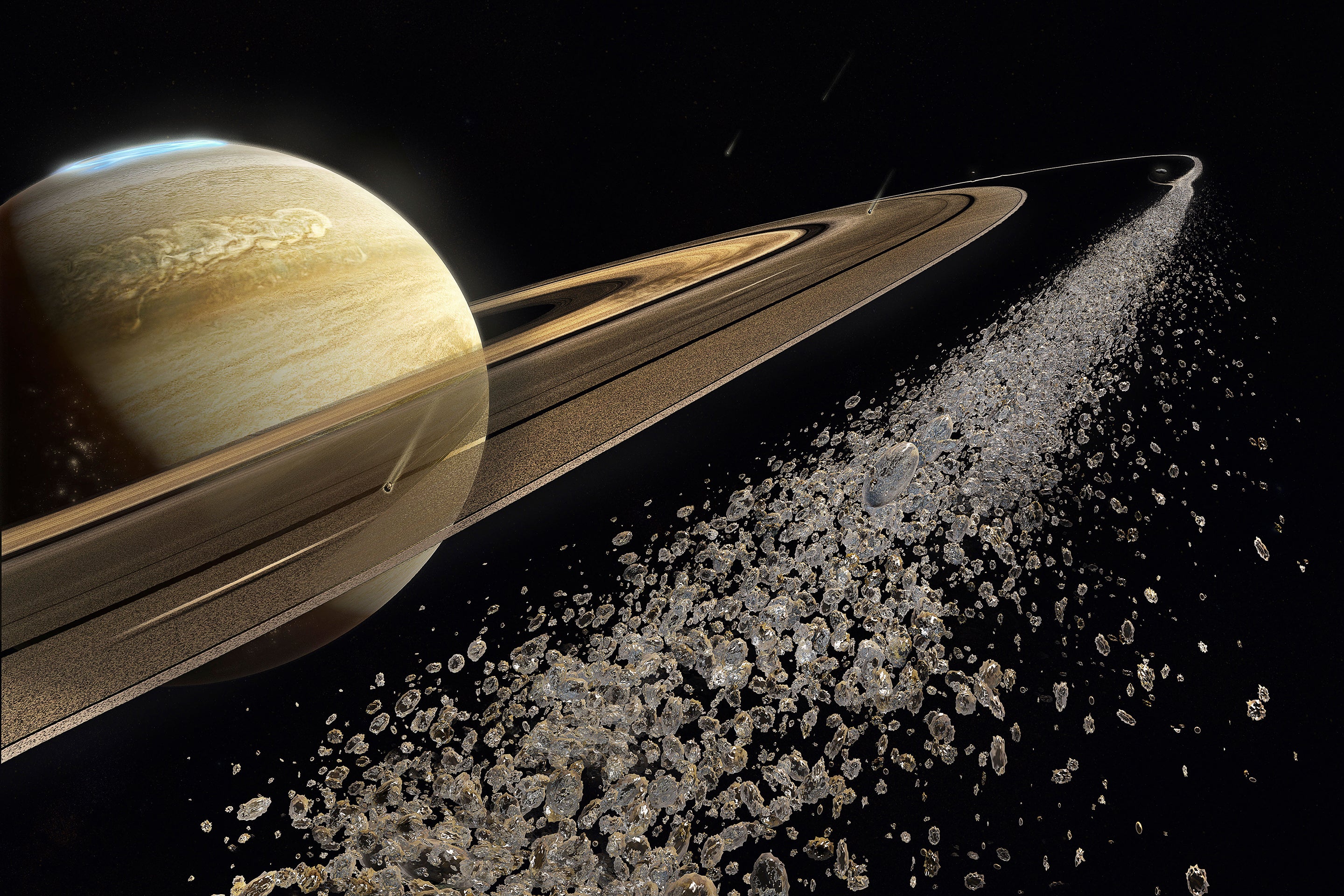 A close-up of small particles of ice and rock within a ring of Saturn, which looms in the background.
