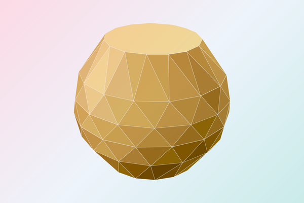 Graphic shows the noperthedron, a convex polyhedron resembling an inflated cylinder with two large faces on the top and bottom and 150 smaller triangular faces making up the height.