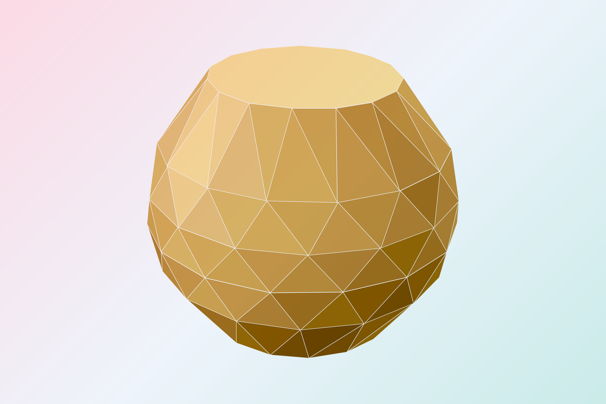 Graphic shows the noperthedron, a convex polyhedron resembling an inflated cylinder with two large faces on the top and bottom and 150 smaller triangular faces making up the height.