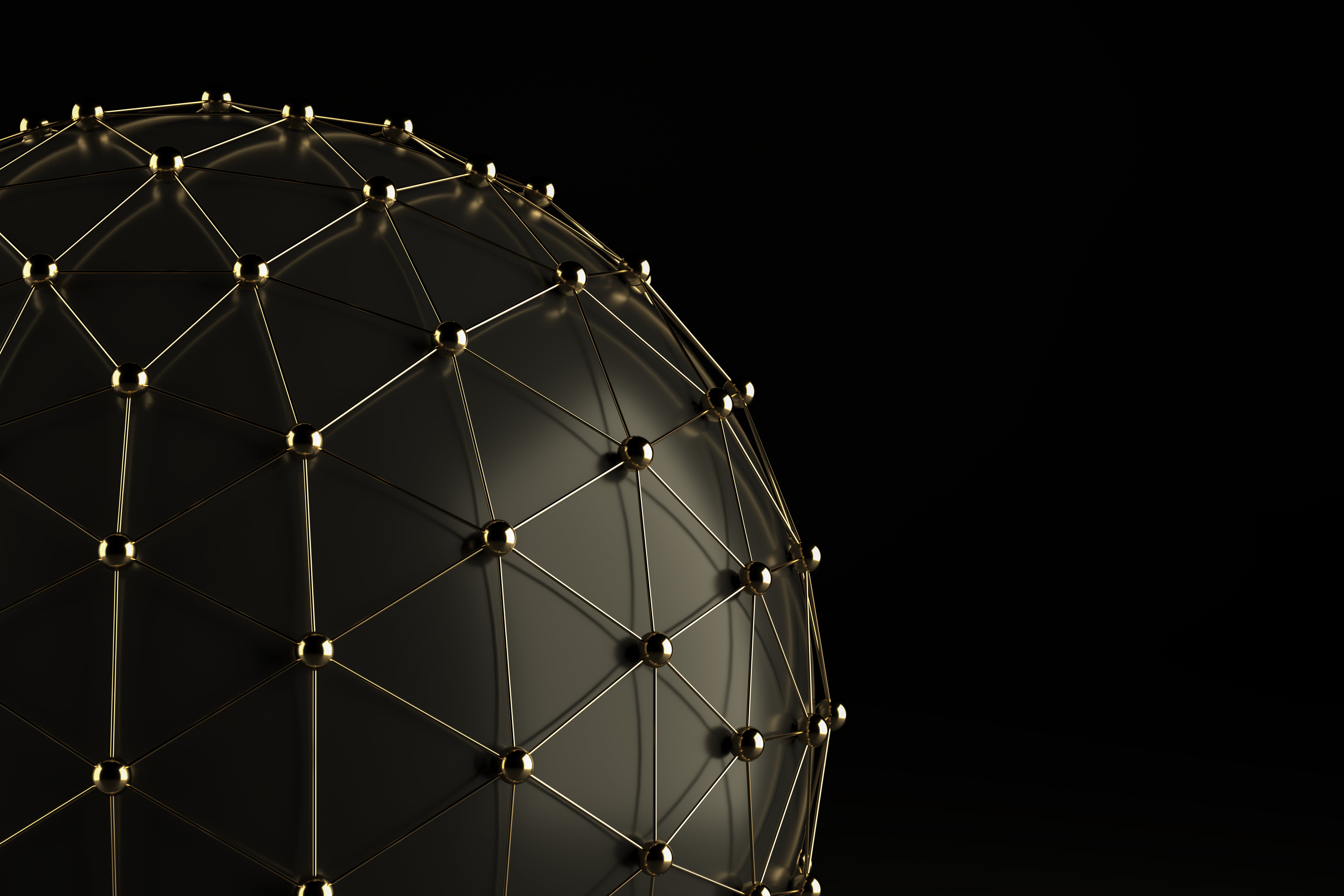 3d rendering of abstract gold spheres connected in a mesh-like triangular pattern and wrapped around black sphere on a black background