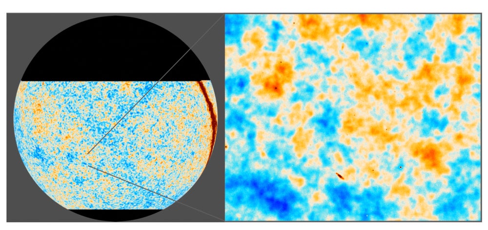 Una visualización de los datos de temperatura de ACT combinados con los datos satelitales de Planck para el fondo de microondas cósmico, lo que ayuda a rastrear la densidad del material en el universo temprano. El azul corresponde a temperaturas más bajas, y la naranja denota temperaturas más altas. El zoom-in tiene 10 grados de ancho, o veinte veces el ancho de la luna visto desde la Tierra, y muestra una pequeña porción de la nueva imagen de medio cielo.