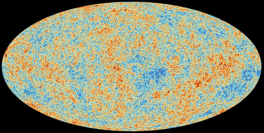Red and blue splotches across an oval shape correspond to a heat map
