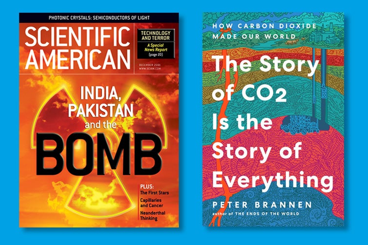 Cover of an issue of Scientific American and cover of the book The Story of CO2 is the Story of Everything