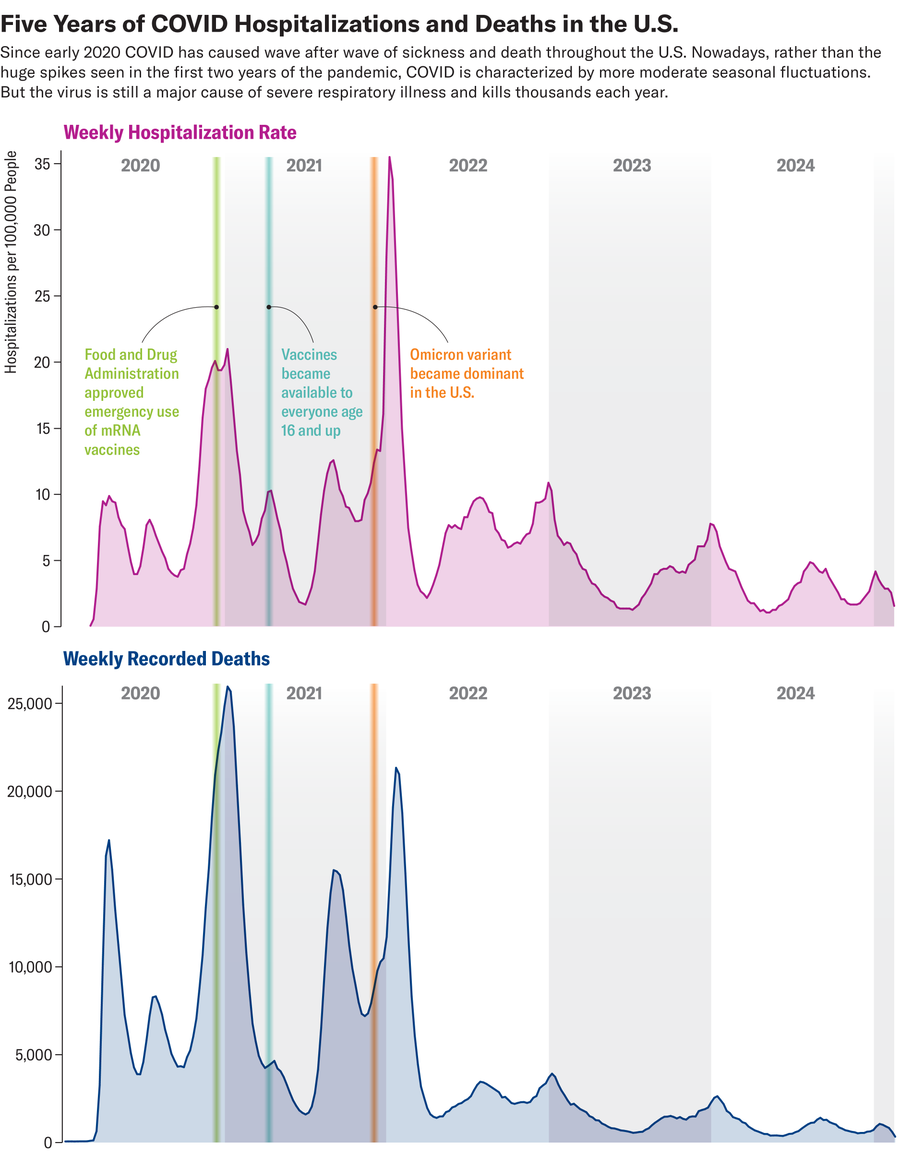 Line charts show weekly hospitalization rates and weekly recorded deaths from COVID in the U.S. from the start of the pandemic to early 2025.