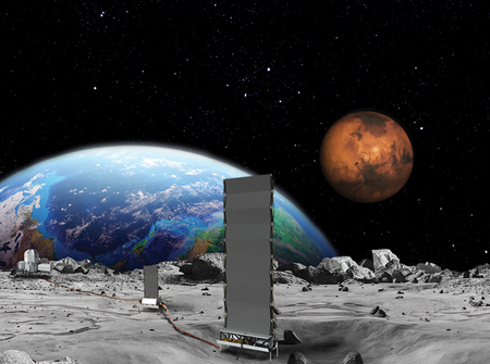 Concept image of a nuclear device on moon, with Earth and Mars in the background