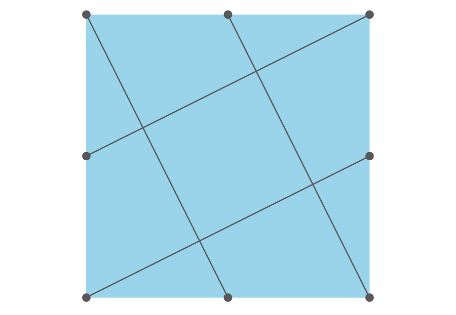 A square with eight dots along the edges and four diagonal lines connecting the following pairs of dots: upper left corner to bottom center, top center to lower right corner, left center to upper right corner, lower left corner to right center.