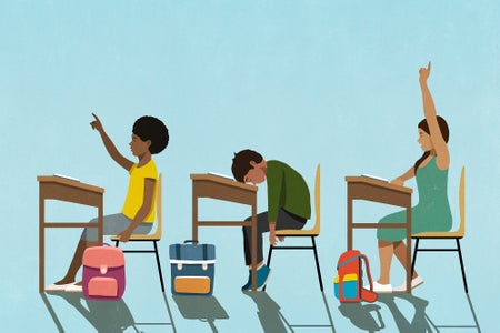 Illustration, three students in profile sitting at school desks. Children at left and right of frame are confident and raising their hands, child in the middle has head down on desk